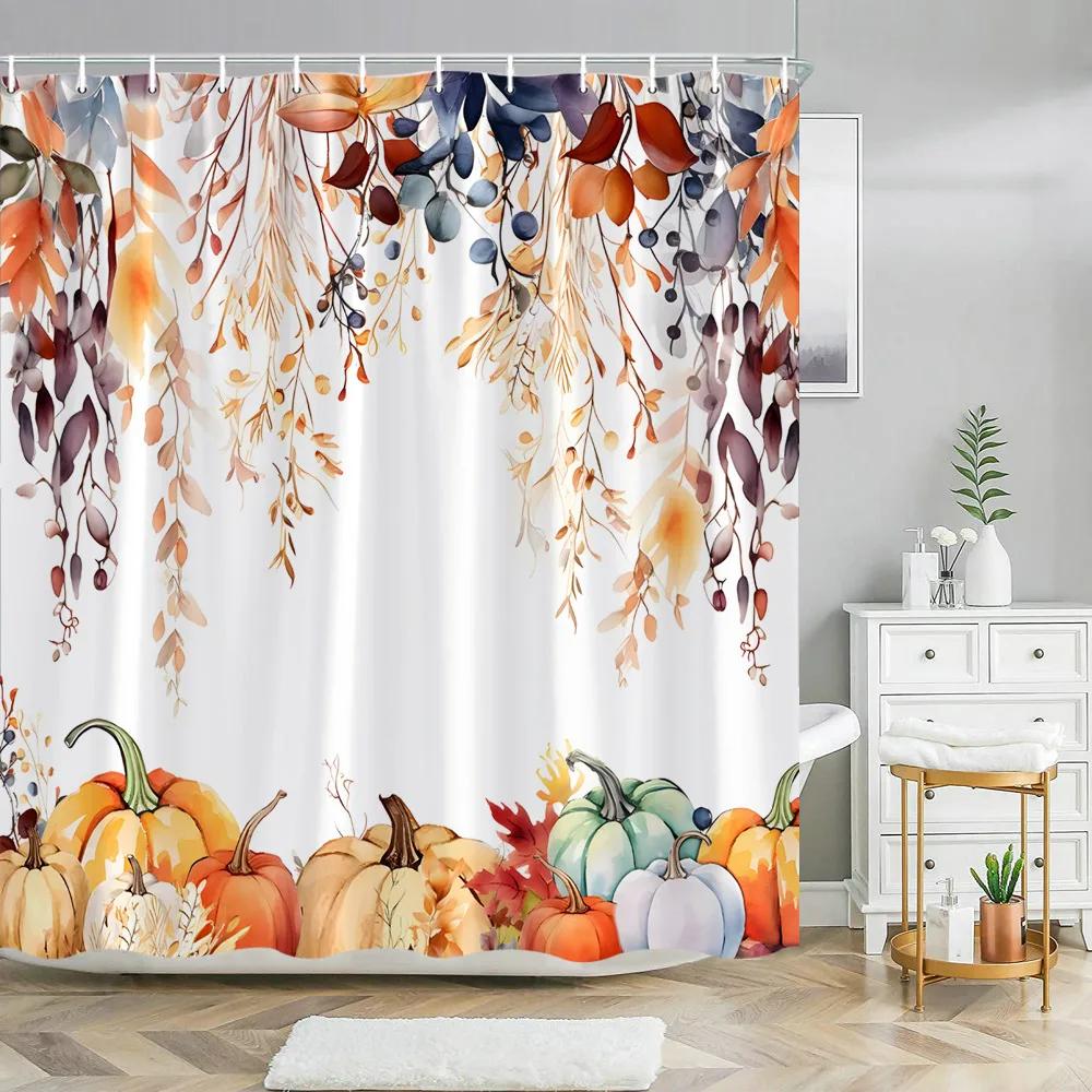 Watercolor Autumn Hanging Leaves Botanical Shower Curtain Fall Thanksgiving Bathroom Bathtubs Decor Easy Care Washable Durable