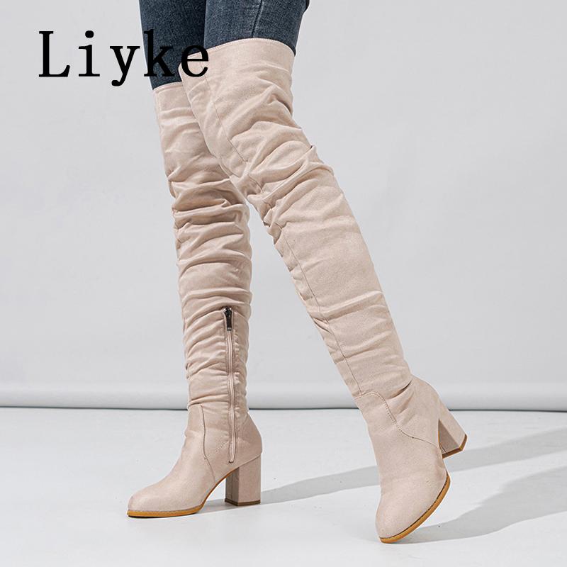 Fashion Liyke 2025 New Fashion Round Toe Zip Thigh High Boots Women Autumn Winter Chunky Heels Motorcycle Over The Knee Shoe Botas Mujer