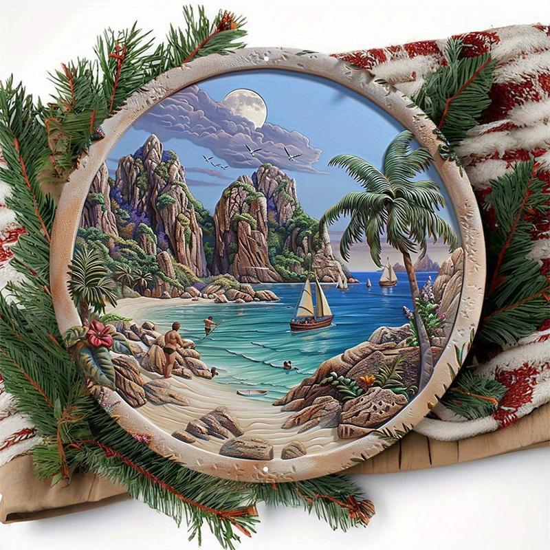 Tropisk Strandscen Träskyltset, Trä Väggkonst, Dörrhängare, Runda Dekorativa Kransskyltar, Palmträd och Båtar