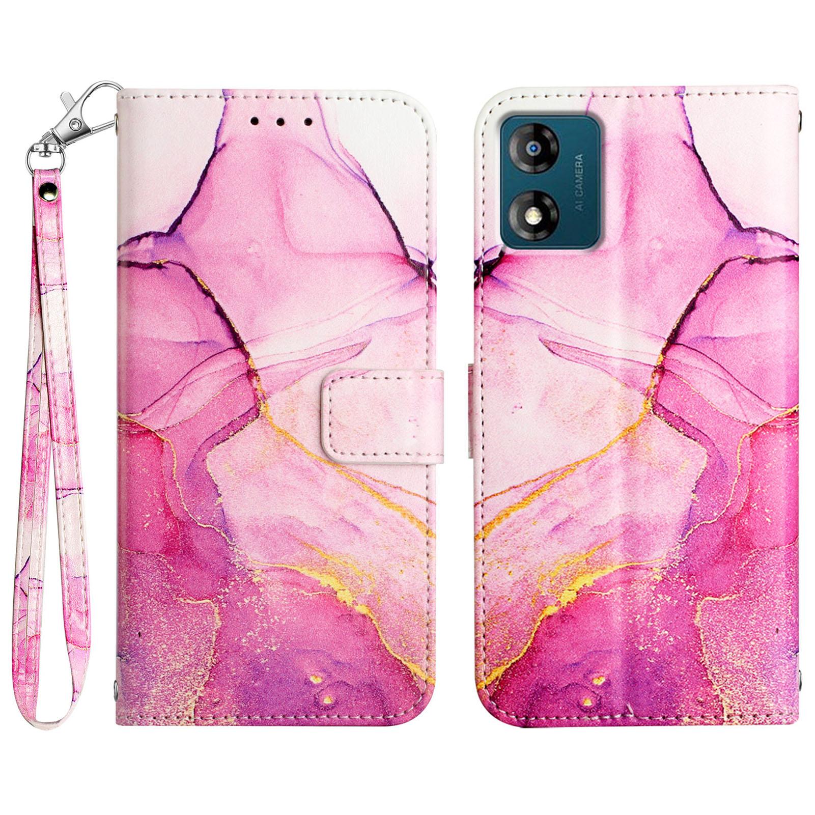 

For Motorola Moto E13 4G Case with Strap Marble Pattern Leather Phone Cover Card Holder Pink/Purple/Gold 001