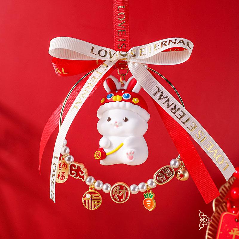 2024 New Year Rabbit Car Pendant Car Mirror Cute Rabbit Decoration Ornament Hanging Valentine's Day Gift Automotive Interior