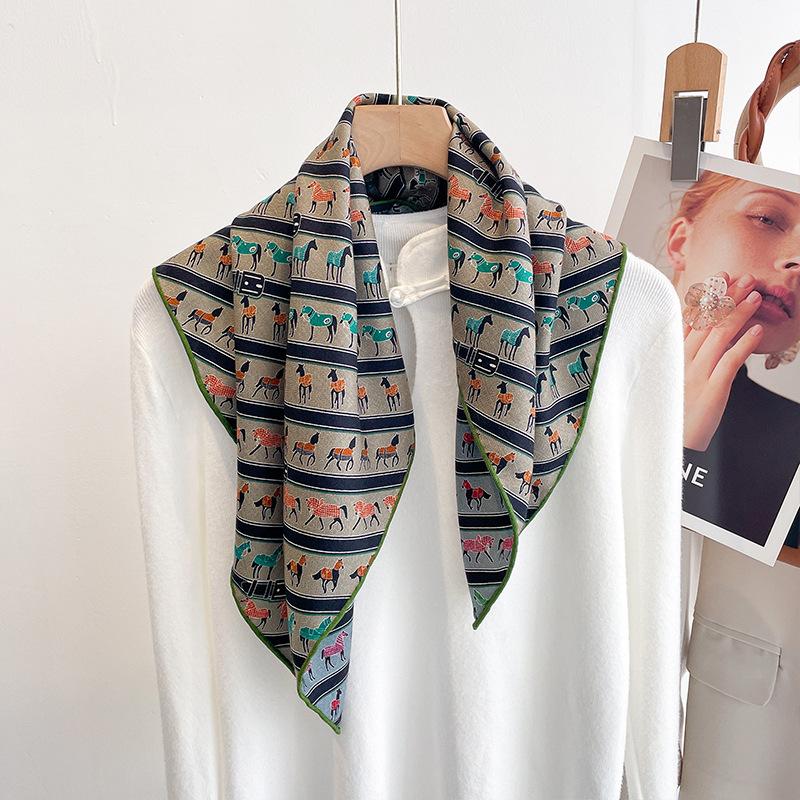 Korean version mulberry silk wool silk scarf spring new fashion 70cm silk wool square scarf high-end double-sided printed silk scarf 65cm