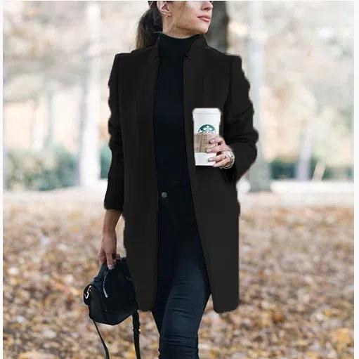2025 Women's Stand Collar Woolen Pea Coat, Open Front Mid-Length Trench Overcoat, Winter Warm Double Breasted Blazer Style Outerwear With Solid Color