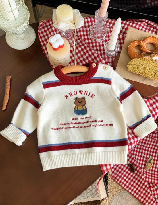 

Autumn/Winter Family Preppy Striped Romper & Teddy Bear Sweater Set for Infants, Toddlers & Parents Kids 80
