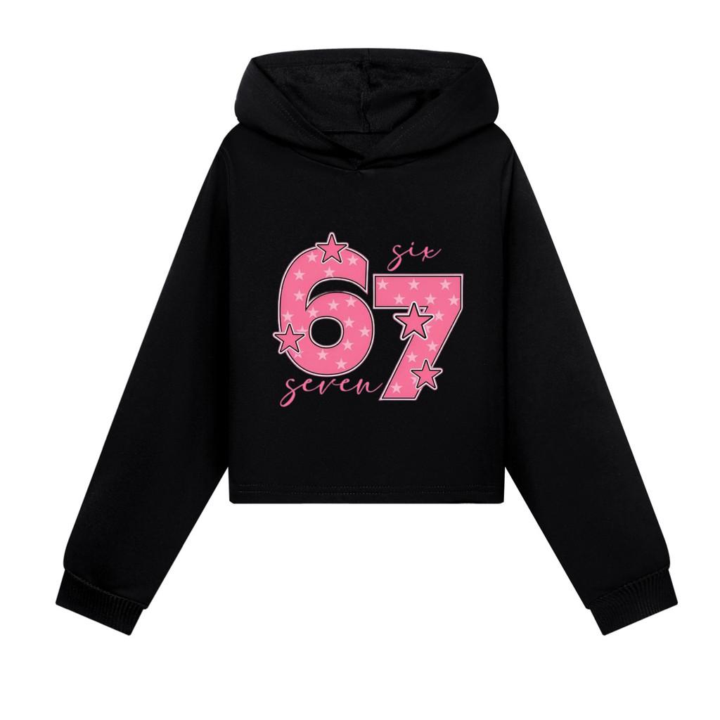5291 Barnflickor Steal a Brainrot 67 Mönstrade Casual Långärmade Korta Hoodies