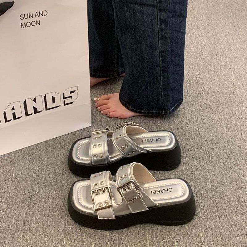 

Fashion Soft High Heeled Slippers 2024 Woman Belt Double Buckle Sandal Luxury Beach Designer Slippers Platform Flat Shoes Female Summer 35 серебряный