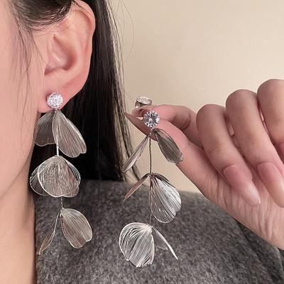 Hollow Metal Zircon Petal Tassel Earrings: 925 Silver Post, High-End Luxury