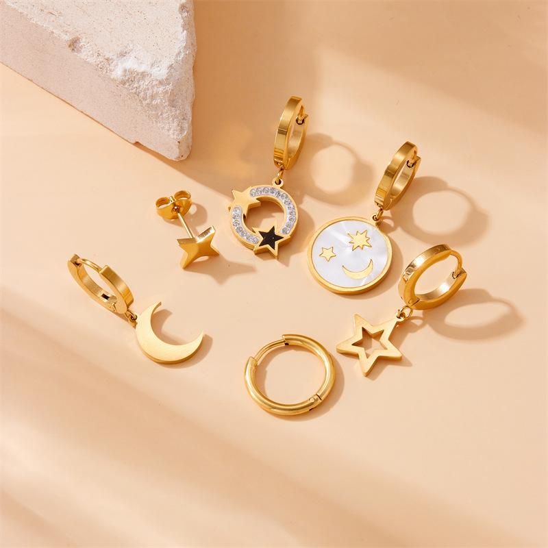 Women Titanium Steel Star Moon Smile Ear Drop Earring Set