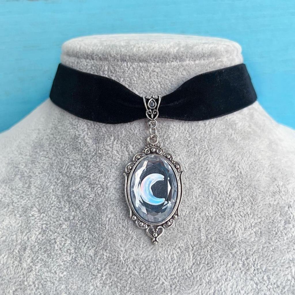 Gothic Black Velvet Necklace With Moon Pendant For Women And Men