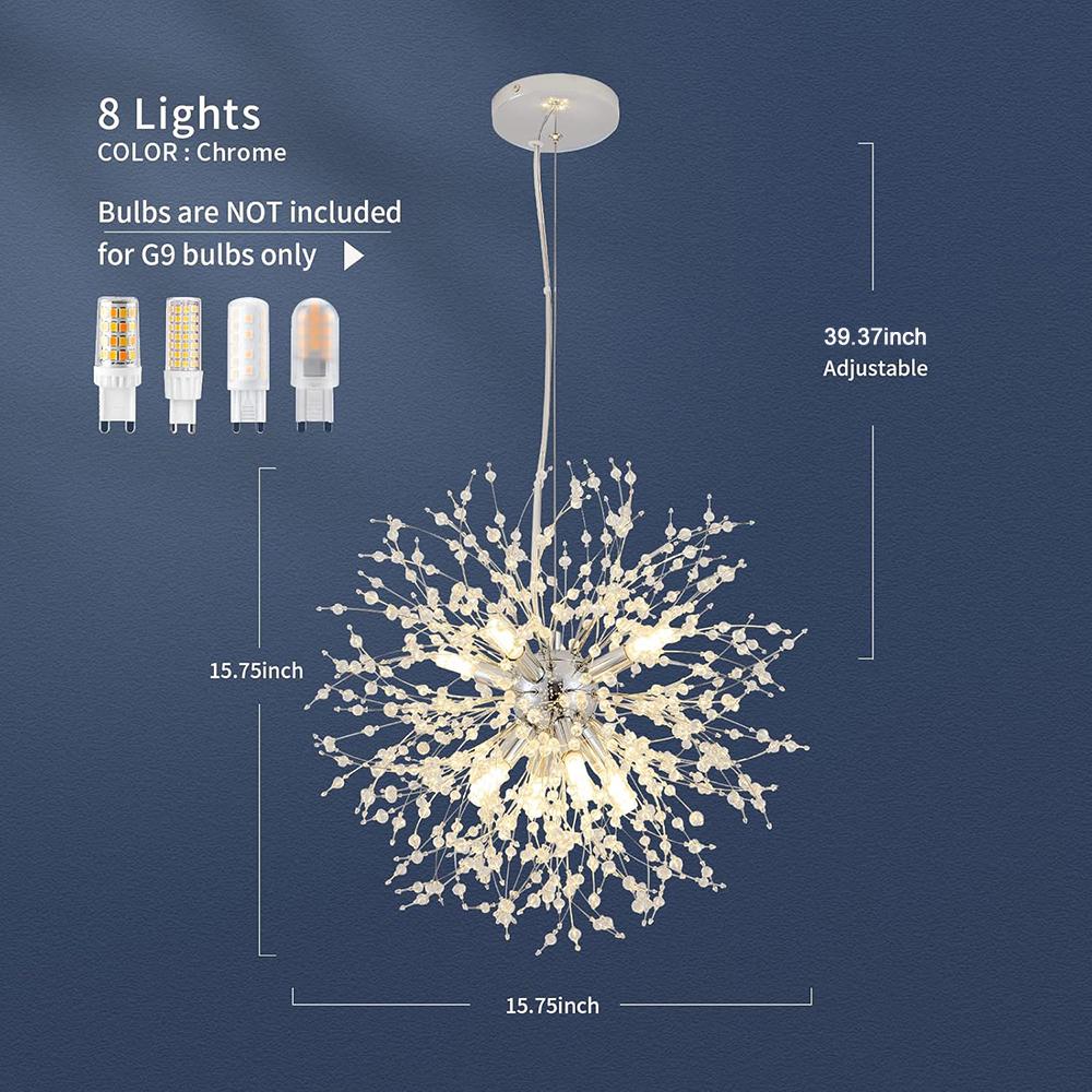 

Современные хрустальные люстры фейерверк, без диммирования, 8-ламповые хромированные потолочные светильники-спутники «Одуванчик», для спальни, гостиной 8 heads