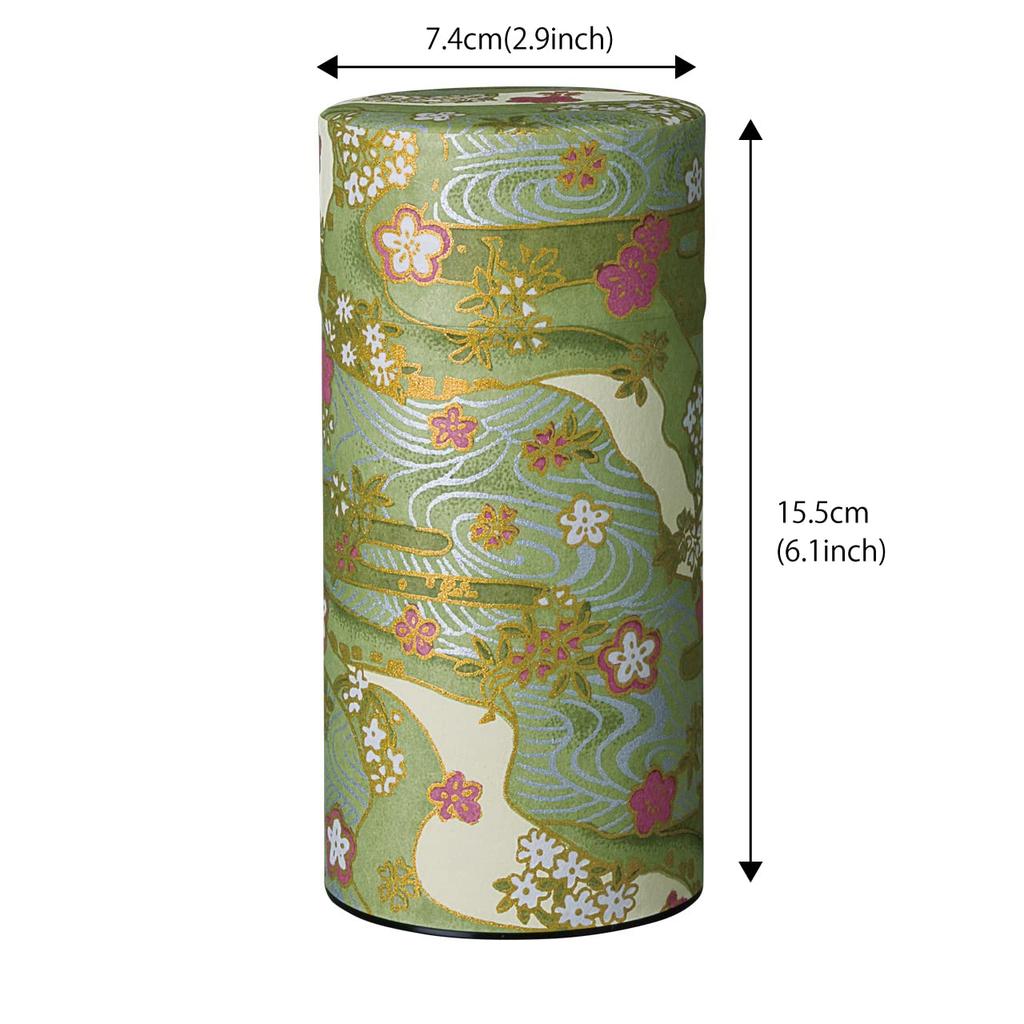 Noguchi Kumataro Tea Garden Tea Caddy, Large Capacity 200g, with Washi Paper and Inner Lid, Shikisai Green, Made In Japan, Stylish