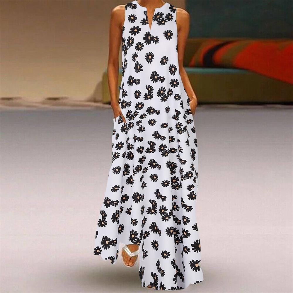 New popular women s retro print dress V-neck sleeveless small daisy print dress, long dress women S белый