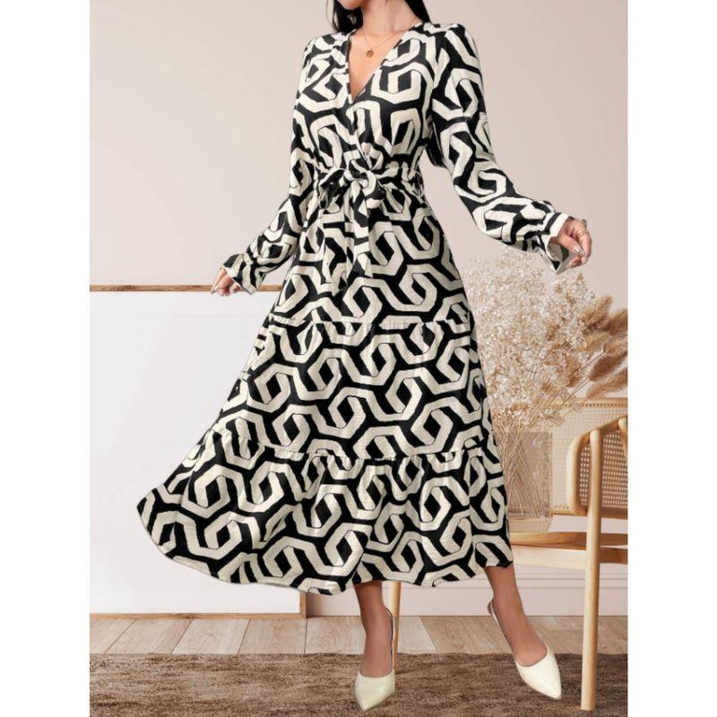 

Fashion Spring & Fall Winter Elegant French Loose Dress Retro Long Geometric Pattern Print Dress Silm Casual White S