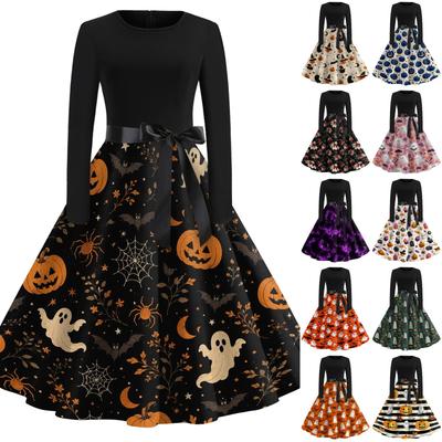 Womens Casual Long Sleeve Round Neck Dress Vintage Style Halloween Print Retro Audrey Hepburn Inspired Midi Dress with Belt