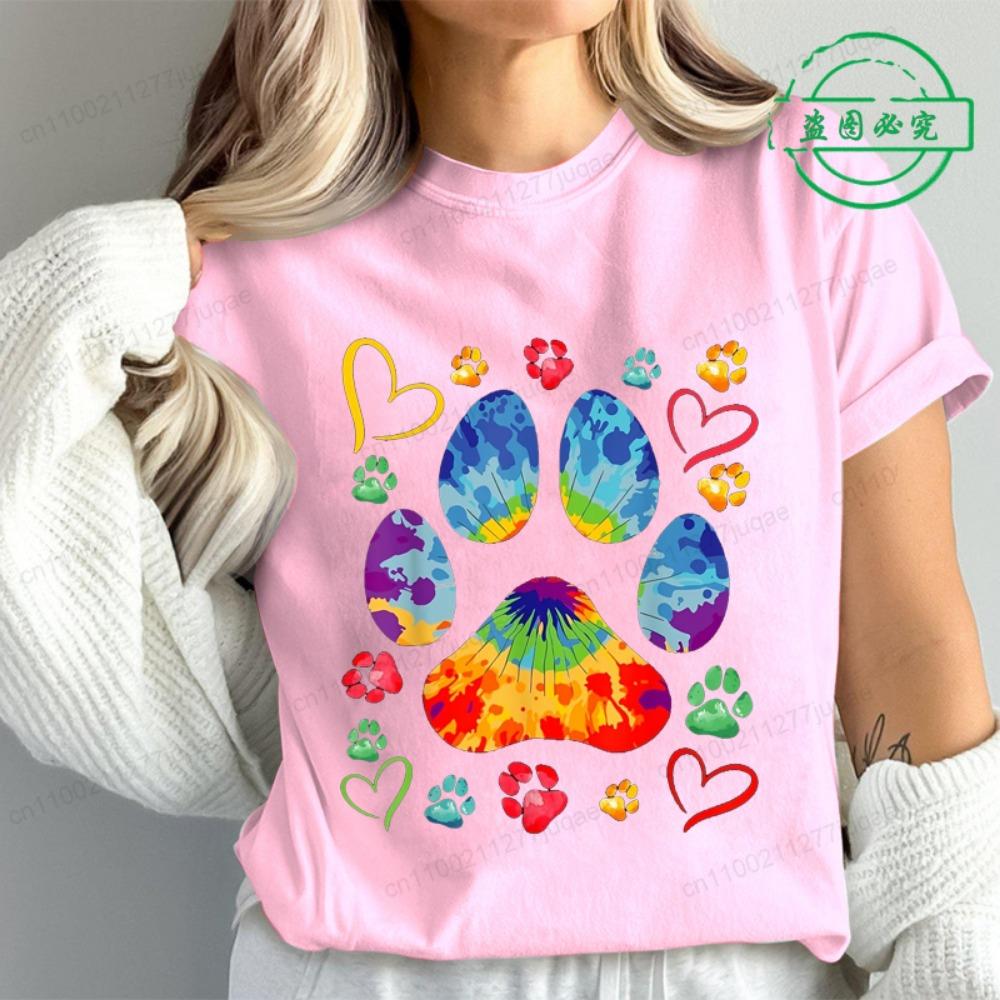 Tie Dye Paw Print Women T Shirt Fashion Casual Graphic T-Shirts Short Sleeve Tee Tops Summer Fashion Female T-Shirt Mujer