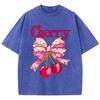 Pink Bow Cherry Prints Washed TShirts Womens Cotton Oversized Tops Distressed ONeck Comfortable T Shirts Summer Woman Clothes