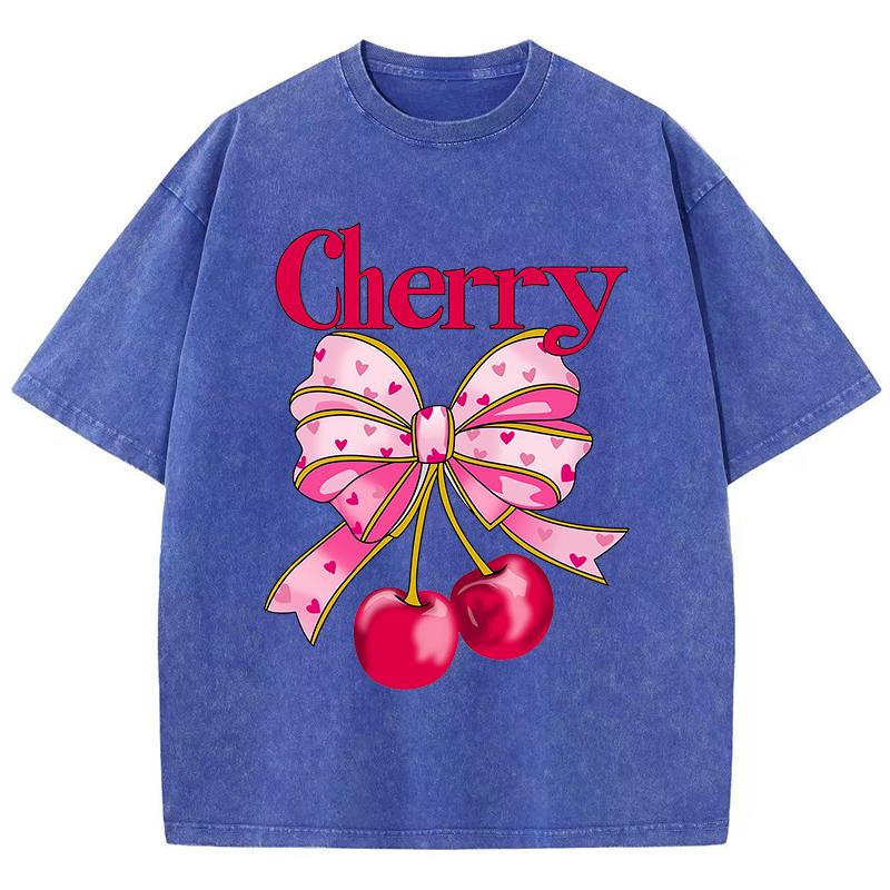Pink Bow Cherry Prints Washed TShirts Womens Cotton Oversized Tops Distressed ONeck Comfortable T Shirts Summer Woman Clothes