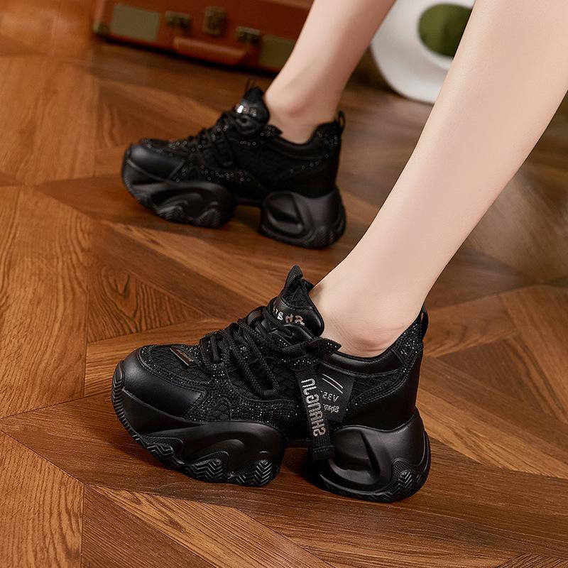 Daddy Shoes Girl 2025 Autumn New Horseshoe Heel Mesh Breathable Rhinestone Platform Shoes Inner Height Increasing Casual Sneakers