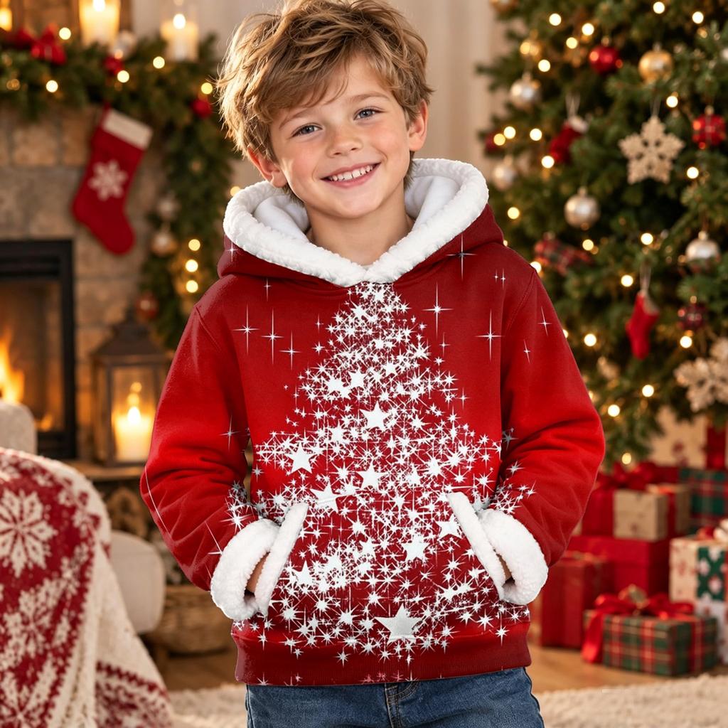 Kids Long Sleeve Christmas Print Casual Fashion Hooded Top