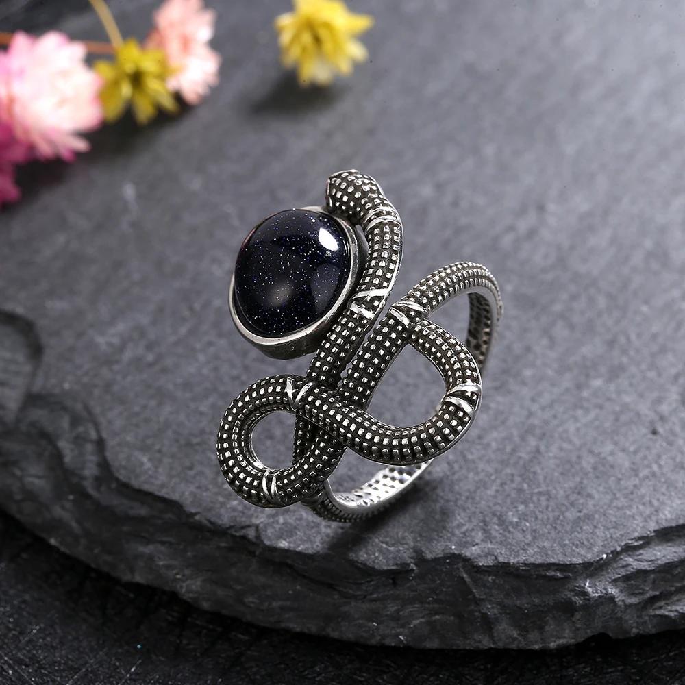Snake Shaped Vintage Ring Natural Labradorite Ring 10*12MM Turquoise Moonstone Retro Gift for Women Men Fine Jewelry