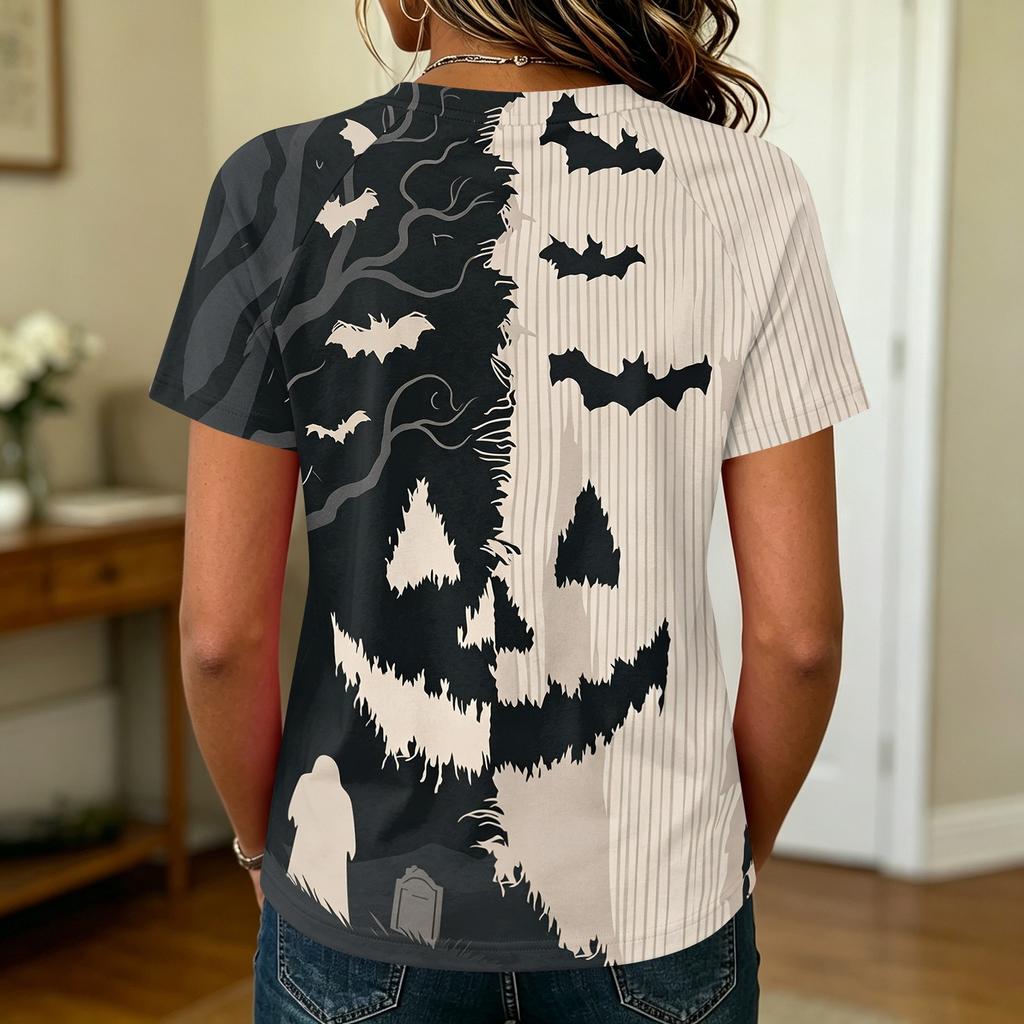Womens Raglan Sleeve Casual T Shirt Halloween Print Short Sleeve Top Crew Neck Comfortable Fit Lightweight Fabric