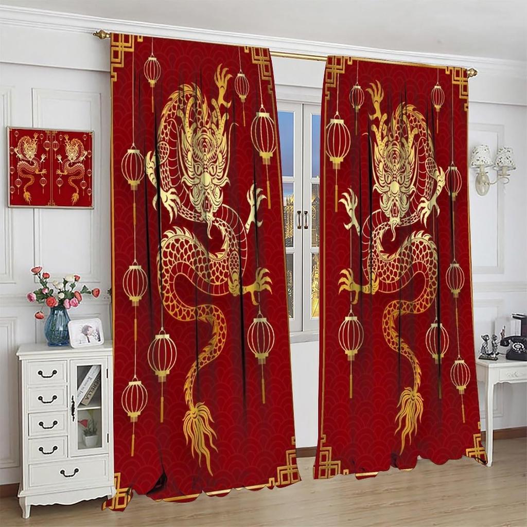 China Dragon Curtains   Asian Red Festive Lanterns Traditional Animals Windows Treatments   Thermal Insulation Rod Pocket Drapes f