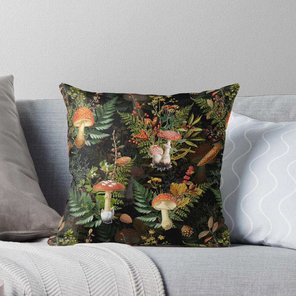 Vintage Midnight Toadstools In the Forest Botanical Night Garden On Black Nightgarden Throw Cushions & Pillows Without Core