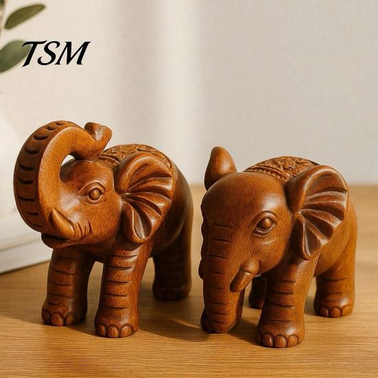 Symbol of Harmony Elephant Figurine Ornament, Resin Wood Grain Statue, Auspicious Retro Style Living Room Decoration Animal Sculpture for Home Office