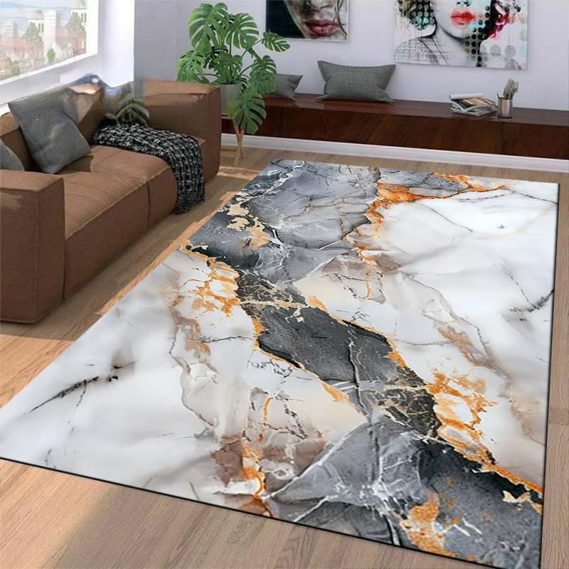 Luxury Marble Patterned Carpet, White Gray and Orange Design Rug Suitable for use as an anti-slip for living room bedroom sofas