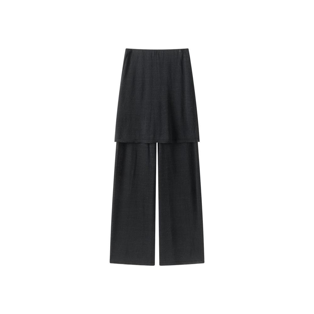 Longmei Women's Knit Wide-Leg Fake Two-Piece Elastic Waist Pants - Spring/Summer 2026 Minimalist Style Straight-Leg Trousers