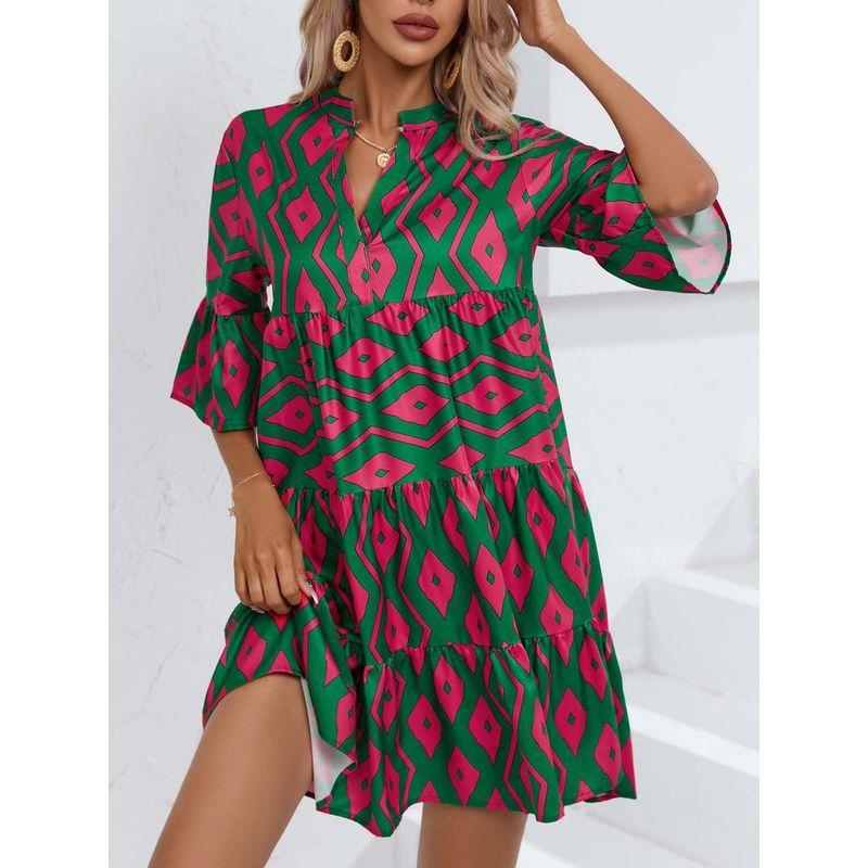 

Floral V-neck Seven Quarter Sleeve Dress Floral V-neck 3/4 Sleeves Dress 10996 Green XXL
