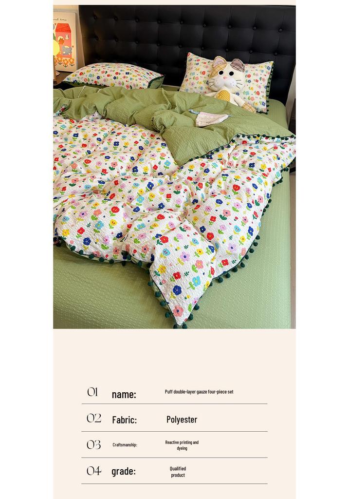 High-Value Cute Pom-Pom Bed Cover Set - Double-Layer Gauze Duvet & Sheets for Single Dormitory, 3-Piece Set