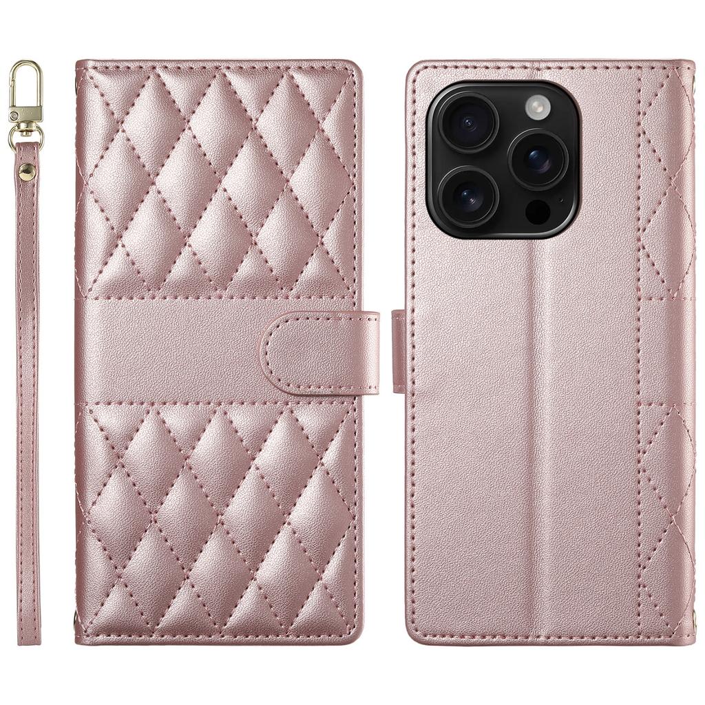 For iPhone 16 Pro Max Case Rhombus Stitching Wallet Stand Leather Phone Cover with Long/Short Strap