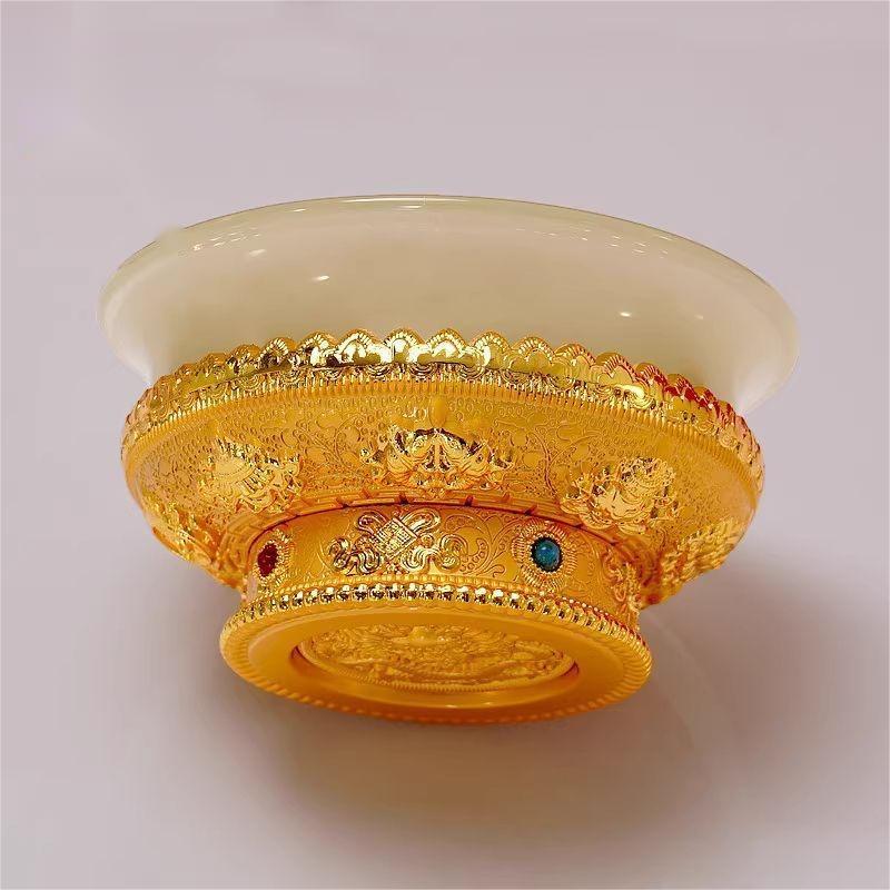 Bol à Ghee Tibétain Doré Alliage de Zinc Coupe d'Eau Bénite Tantrique 10cm Grande Taille Bol Bouddhiste en Pierre Gravé Cadeau Décoratif de Bureau