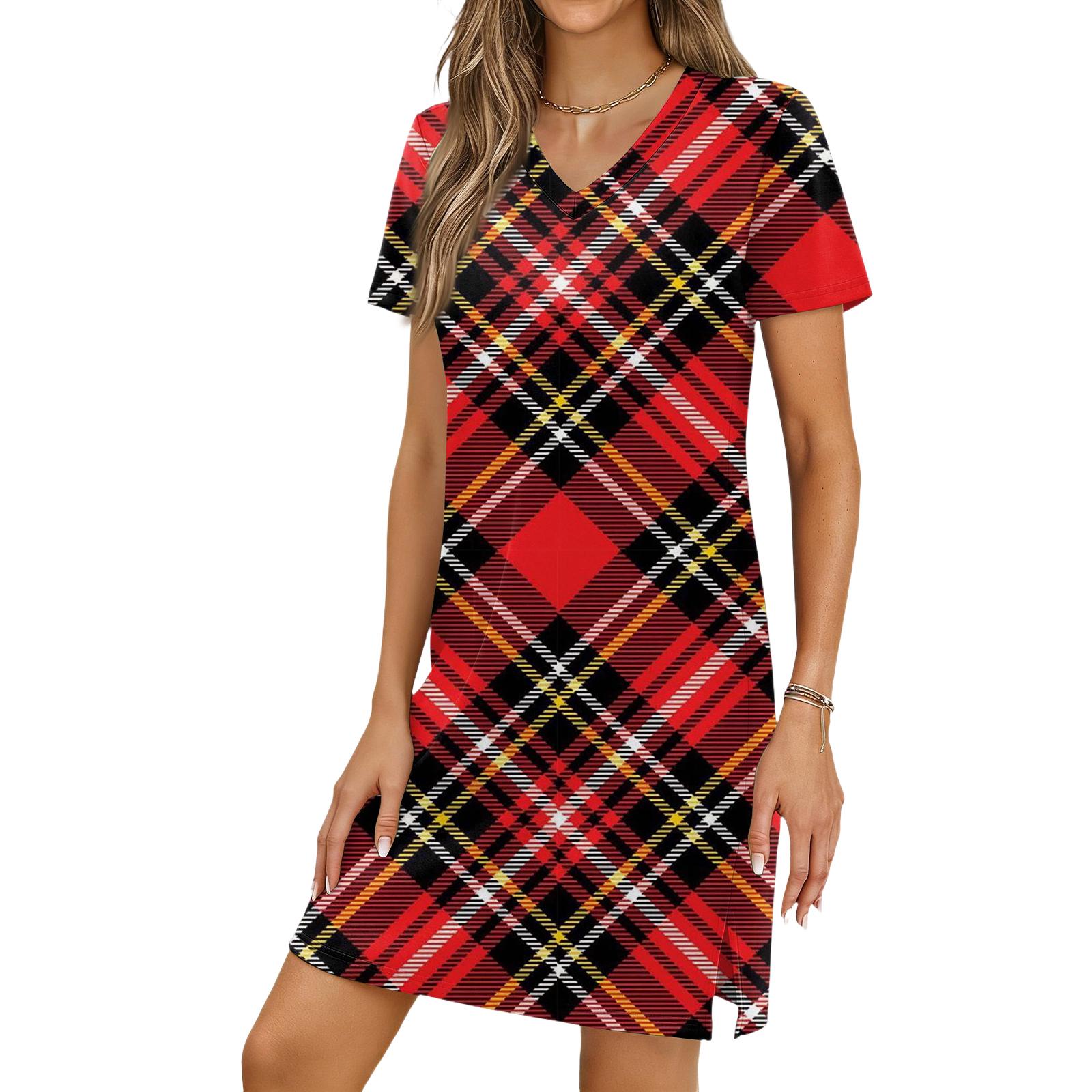 Women s Casual V-neck Short Sleeve Split Hem Plaid Print Dress XL
