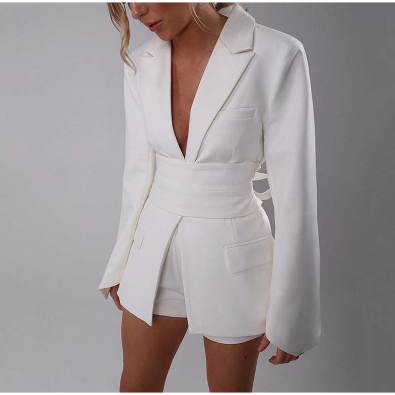 2025 Jaro Léto Nové Dámské Módní Bundy Jednobarevné Ležérní Klopa Dlouhý Rukáv Sako Ohrnovací Límec Šněrovací Dámské Kabáty