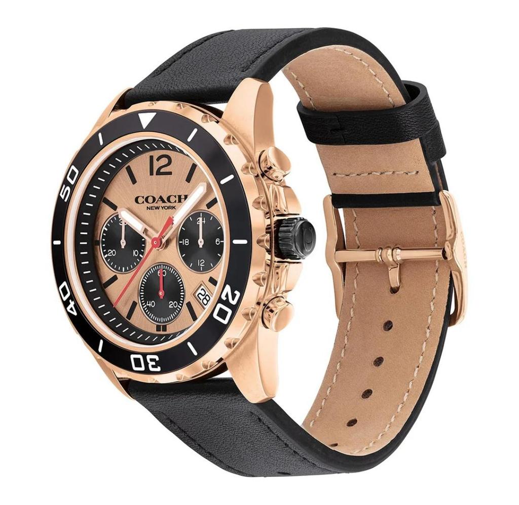 Coach Orologio Cronografo Kent Quadrante Oro Rosa Cinturino in Pelle Nera da Uomo - 14602559