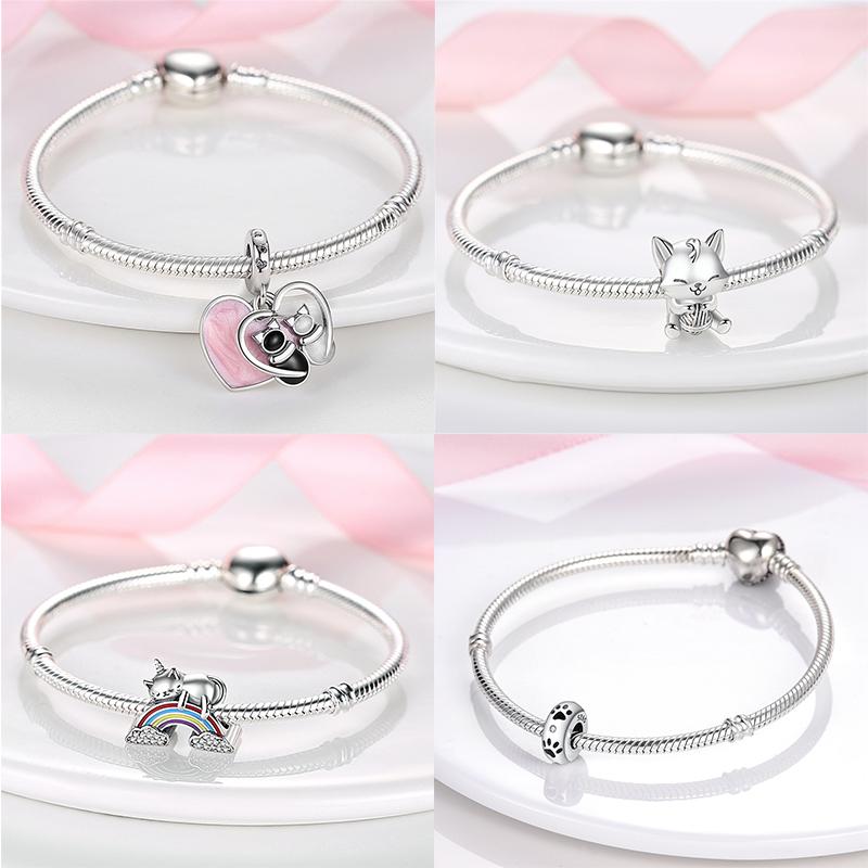 925 Sterling copper Cat and Dog Series Best Friend Pendant Fit 4MM hole diamete Bracelet Charms Bead Necklace DIY Female Zircon