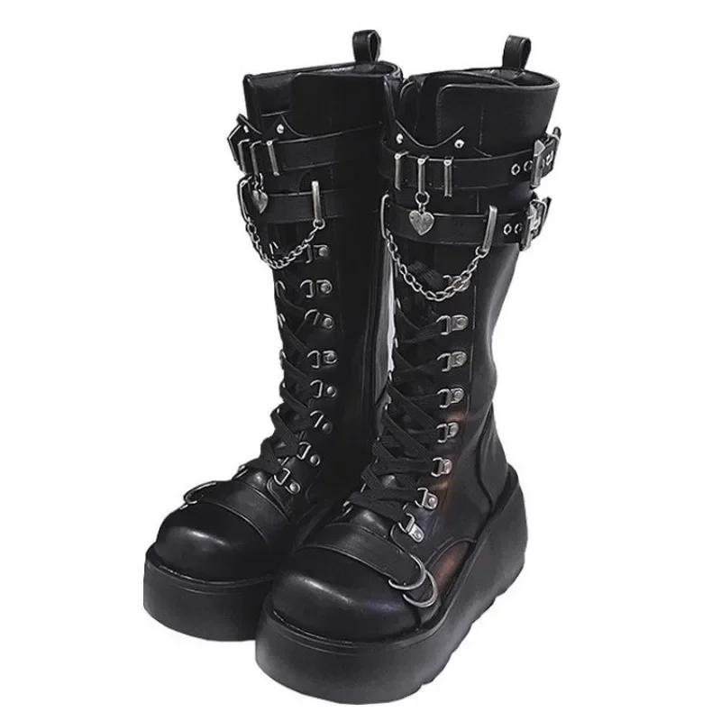 Fashion Motorcycle Boots Platform Boots for Women Wedges Knee High Black Lace Up Fashion Goth Gothic Boots Punk Shoes Girls Winter