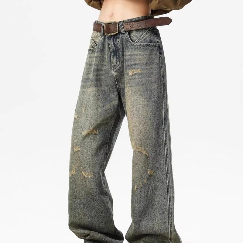 Men's Vintage Distressed Wide Leg Jeans Loose Straight Baggy Denim Trousers Streetwear