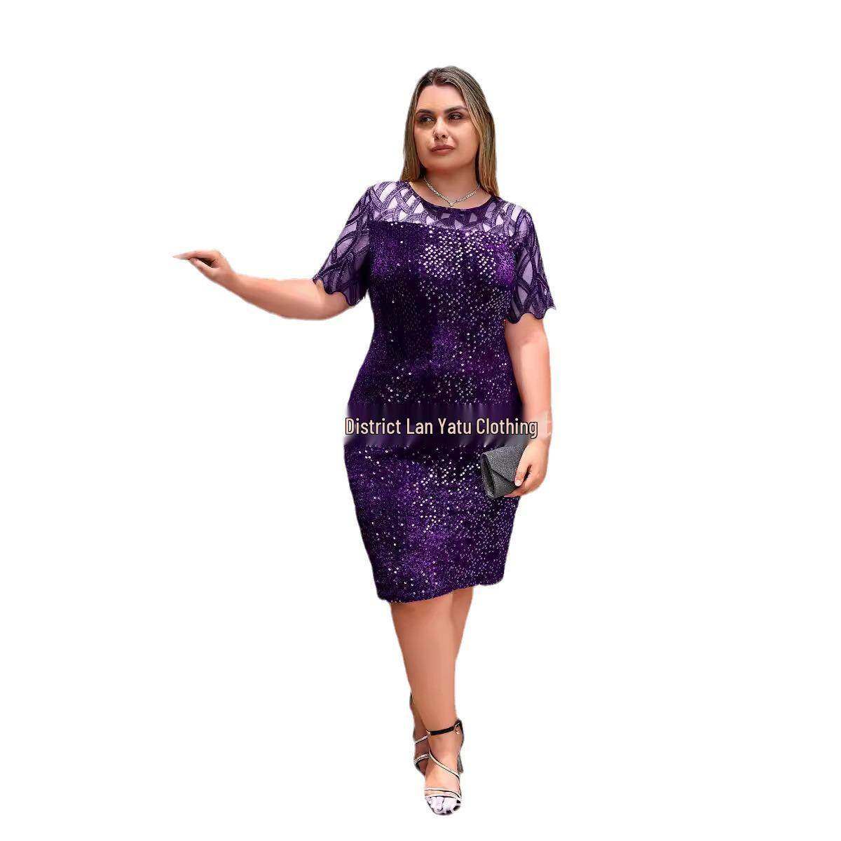 2024 Summer Sequined Plus Size Women s Short Sleeve Dress - European American Style Medium