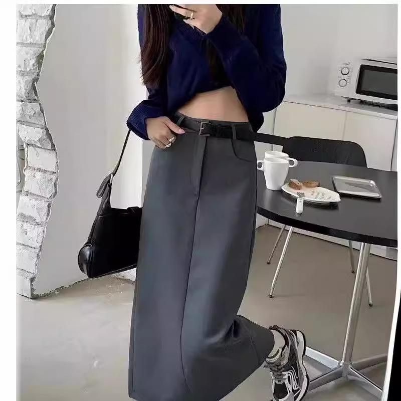 Gray High-Waist Slim Straight Skirt for Women - Versatile Retro Mid-Length Spring/Summer Hip Skirt