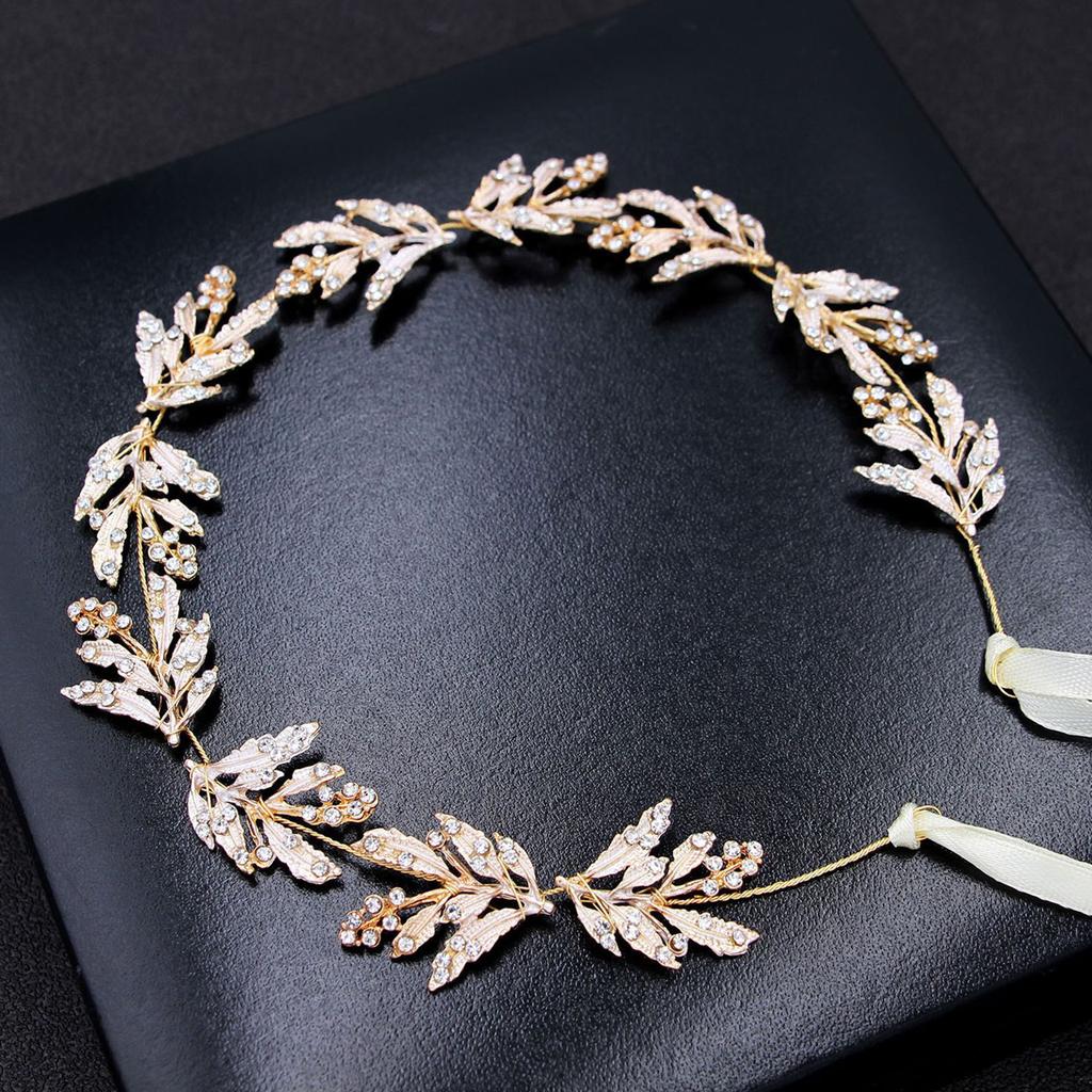 Crystal Rhinestone Hairband With Golden Leaf Design For Wedding Party