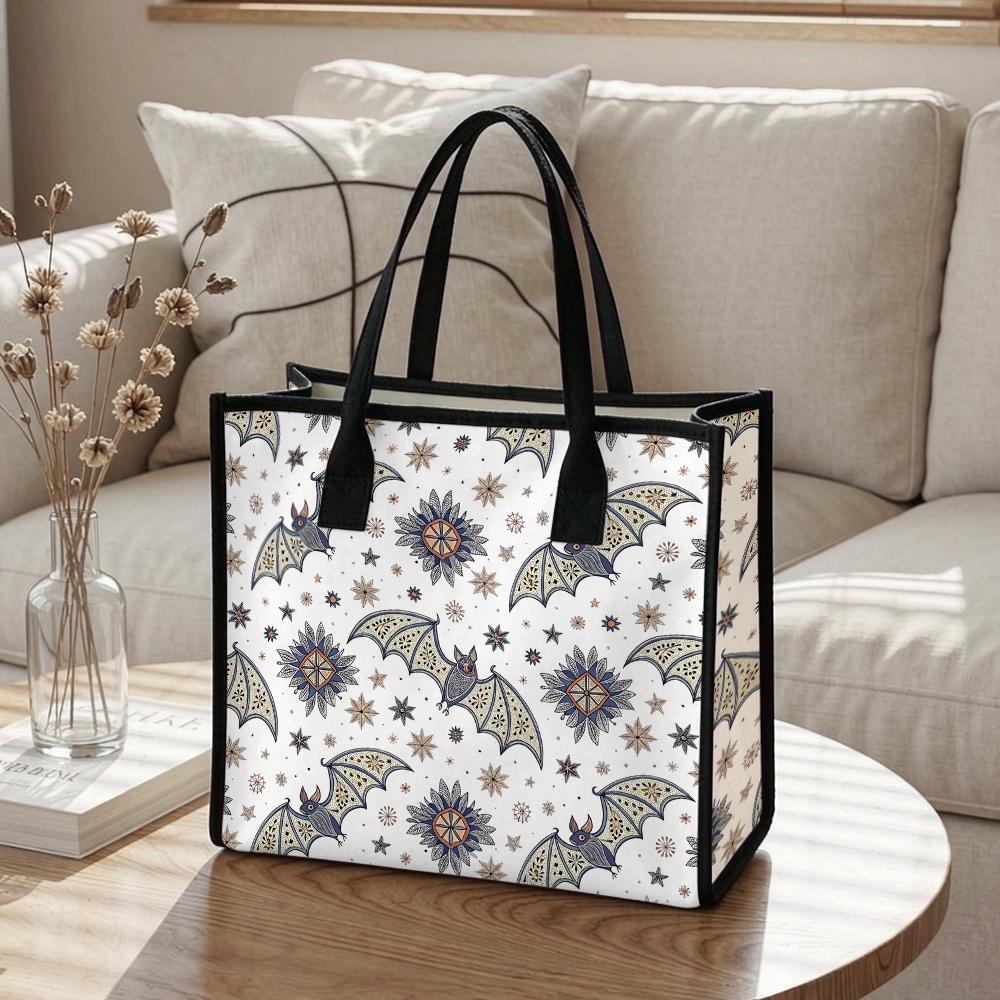 Boho Bat Printed Canvas Tote Bag Fashion Casual Large Capacity Daily Shopping Handbag for Women