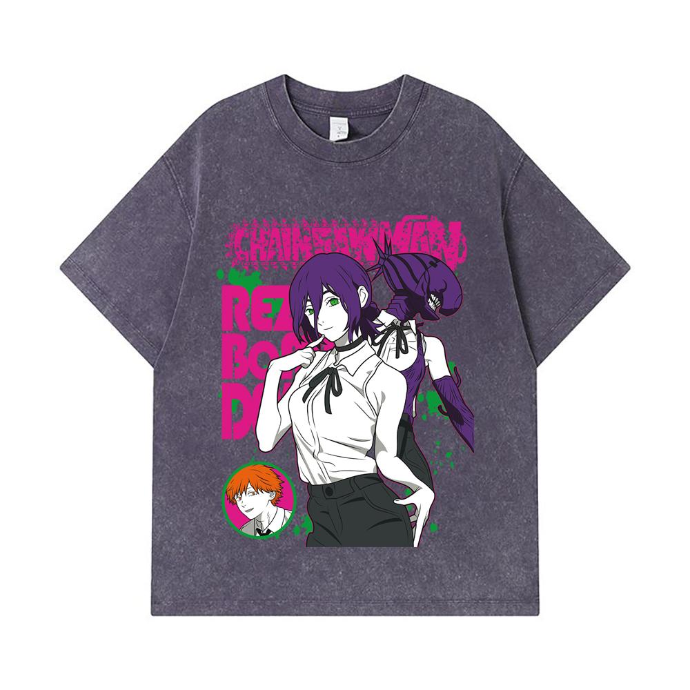 275 GSM Washed T-shirts 100% Cotton Chainsaw Man V44 Reze Print Unisex Heavy Cotton T Shirt