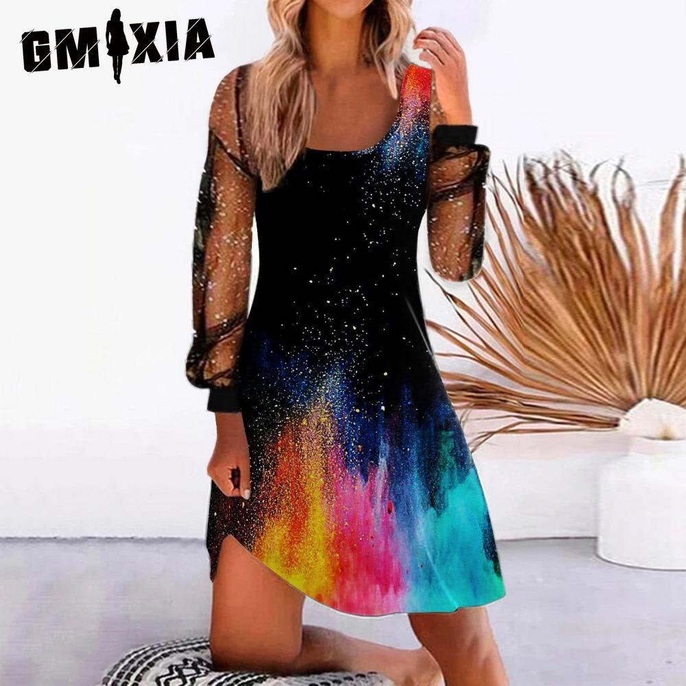 GMXIA Women's Fashion Spring Autumn Solid Color Print Long Sleeve U-Neck High Waist Casual Dresses