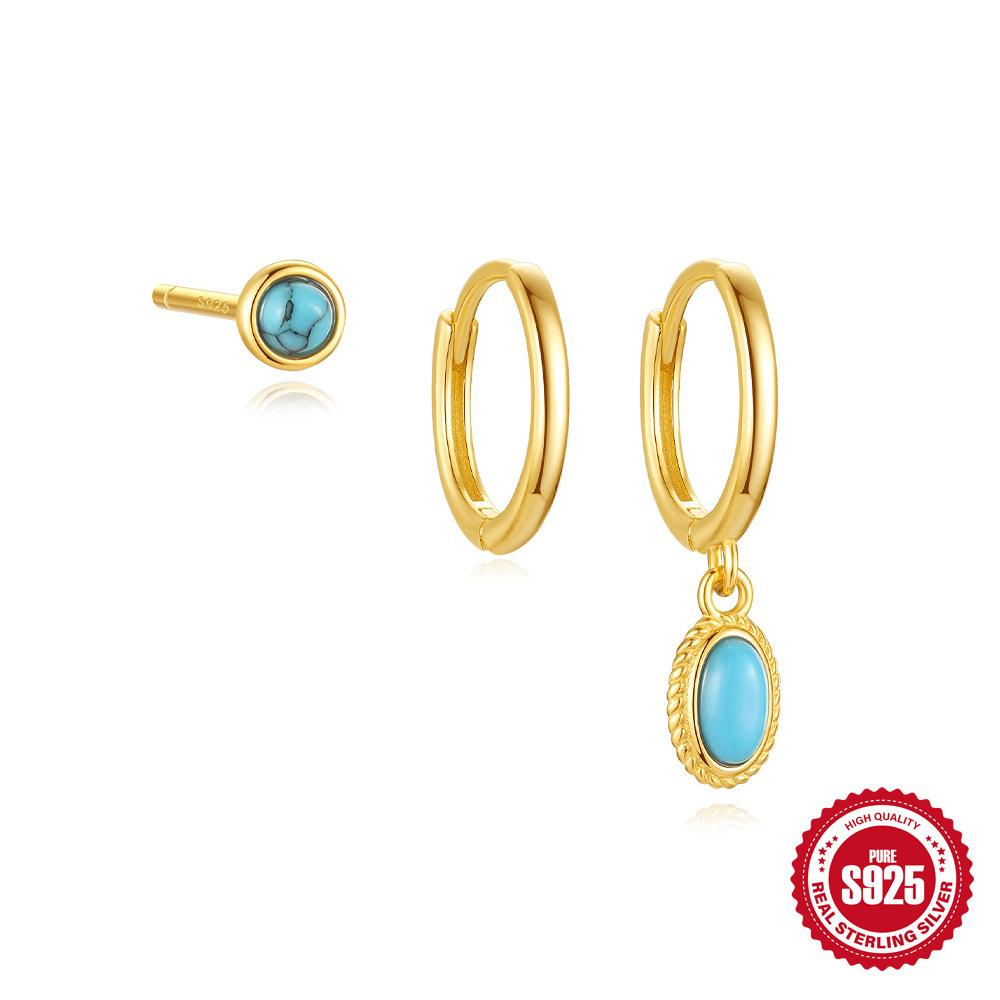 S925 Sterling Silver Simple Fashion Glossy Bow Turquoise Daily Wear Set Worry-Free Matching Earrings