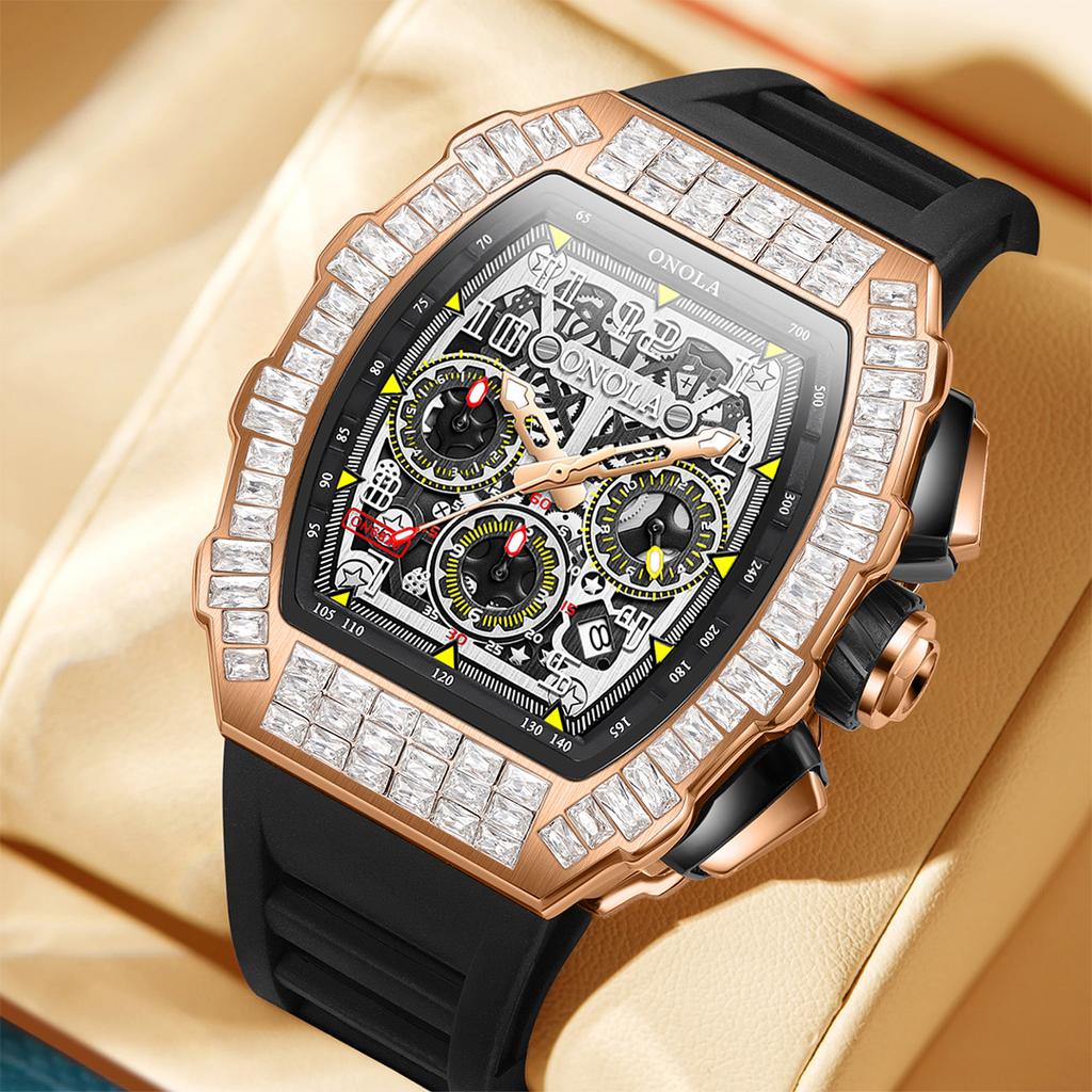 Men's Fashion Full Diamond Automatic Luminous Mechanical Watch Multi Functional Three Eye Calendar Dial Sports Watch