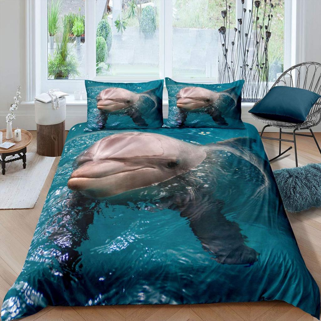 Kid Dolphin Duvet Cover Set King Size Cute Dolphin Marine Life Comforter Cover Microfiber Blue Wave Decor Quilt Cover For Teens