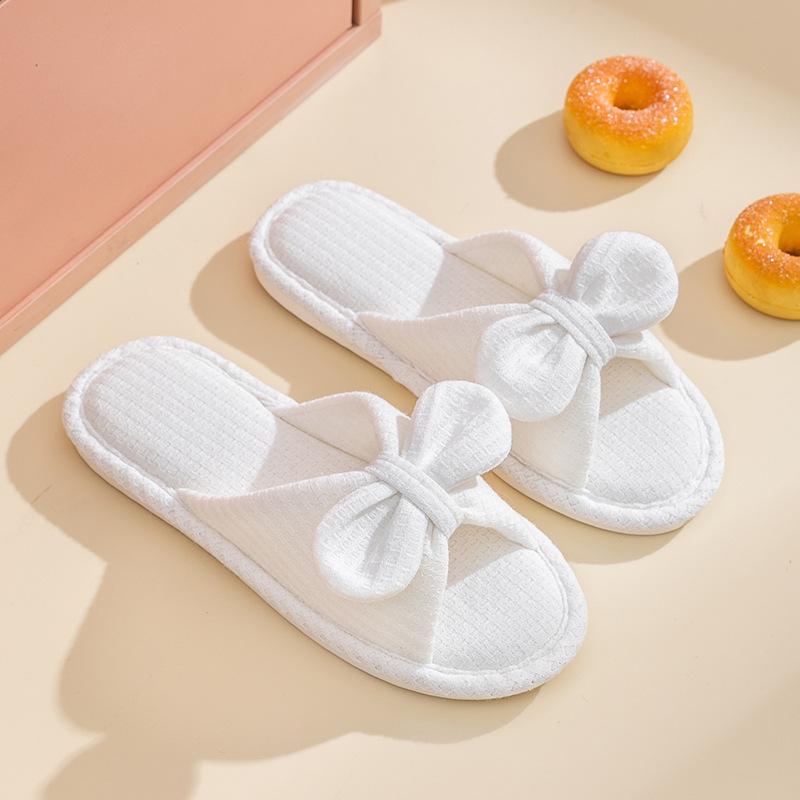 Elegant Hairy Slippers Bow Knitted Cotton Home Slippers Cute Girls Open-toe Couple Sandals Slippers Female Home Shoes Slippers Pink